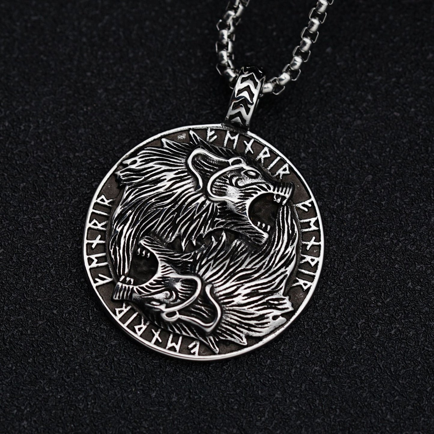 Steel Necklace - Statement Double Wolf Head Pendant