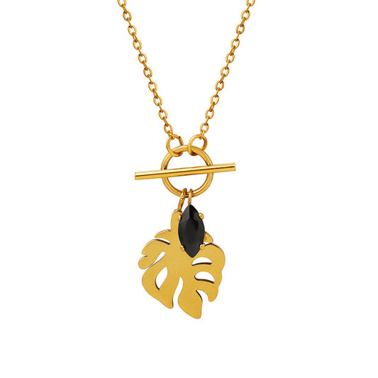 Elegant 18k Gold-Plated Titanium Steel Necklace with Black Zircon Leaf Pendant