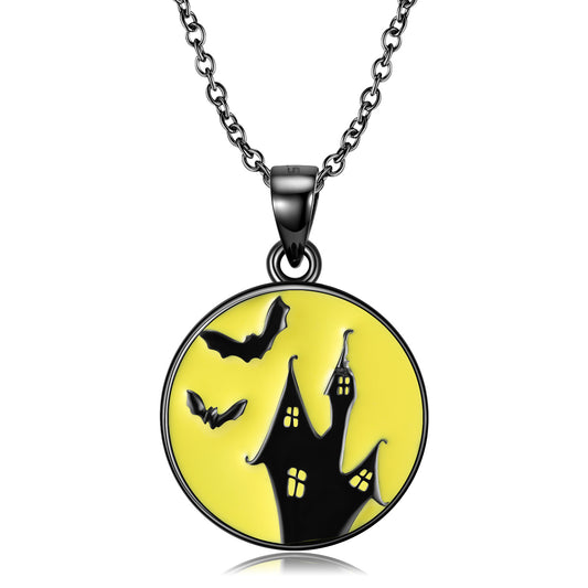 Halloween Haunted House Round Pendant Silver Necklace