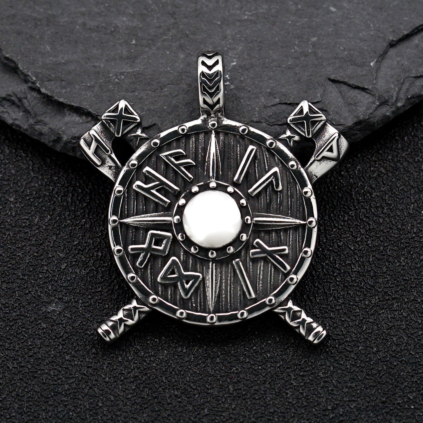 Steel Necklace - Vintage Viking Shield Pendant For Men By Planderful Everyday Genie Collection