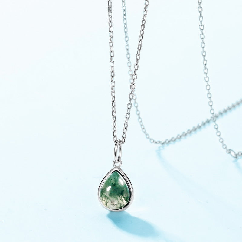 S925 Sterling Silver Moss Agate Teardrop Pendant Necklace
