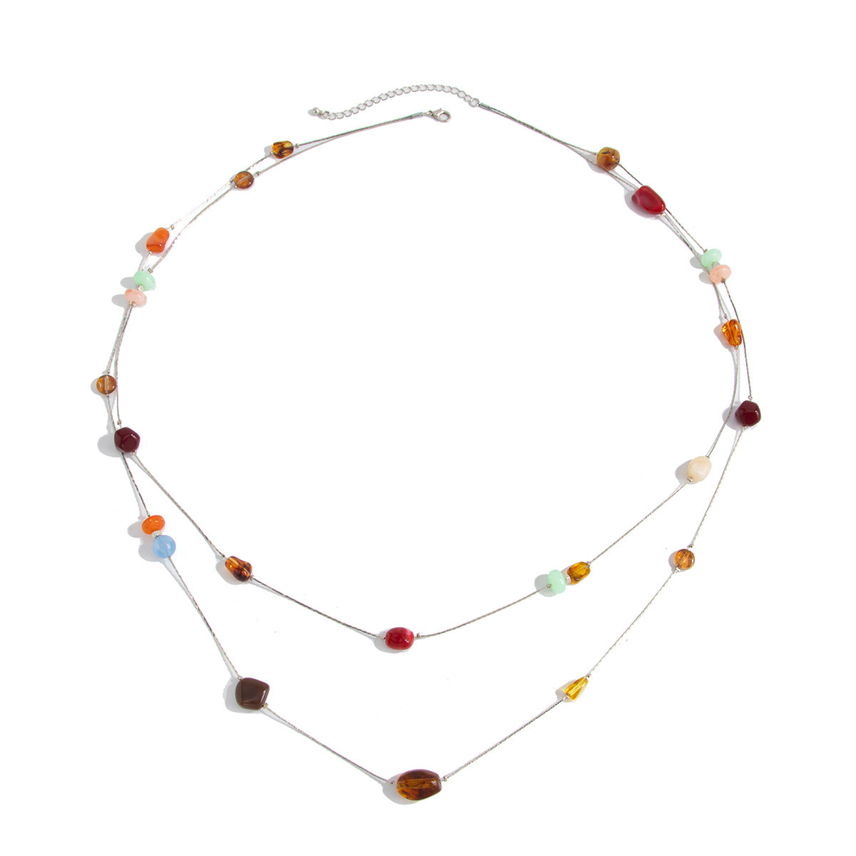Retro Color Beaded Thin Chain Necklace Holiday Style Double-Layer Mixed Color Long