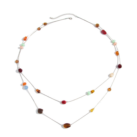 Retro Color Beaded Thin Chain Necklace Holiday Style Double-Layer Mixed Color Long