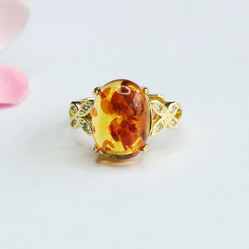 Butterfly Amber Zircon Oval Flower Ring with Natural Beeswax Amber