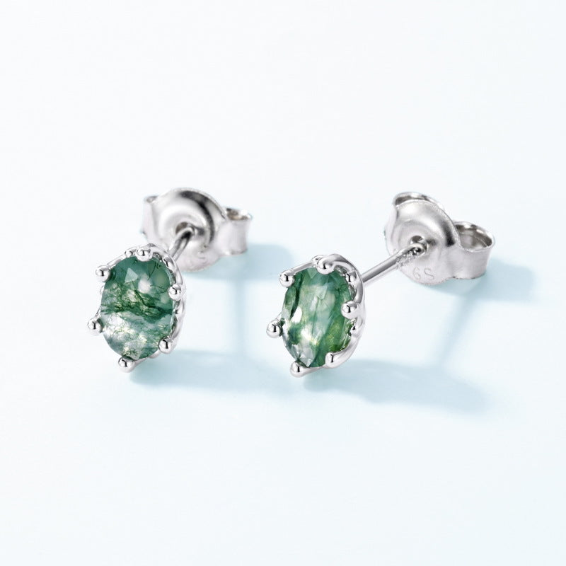 S925 Sterling Silver Moss Agate Oval Stud Earrings