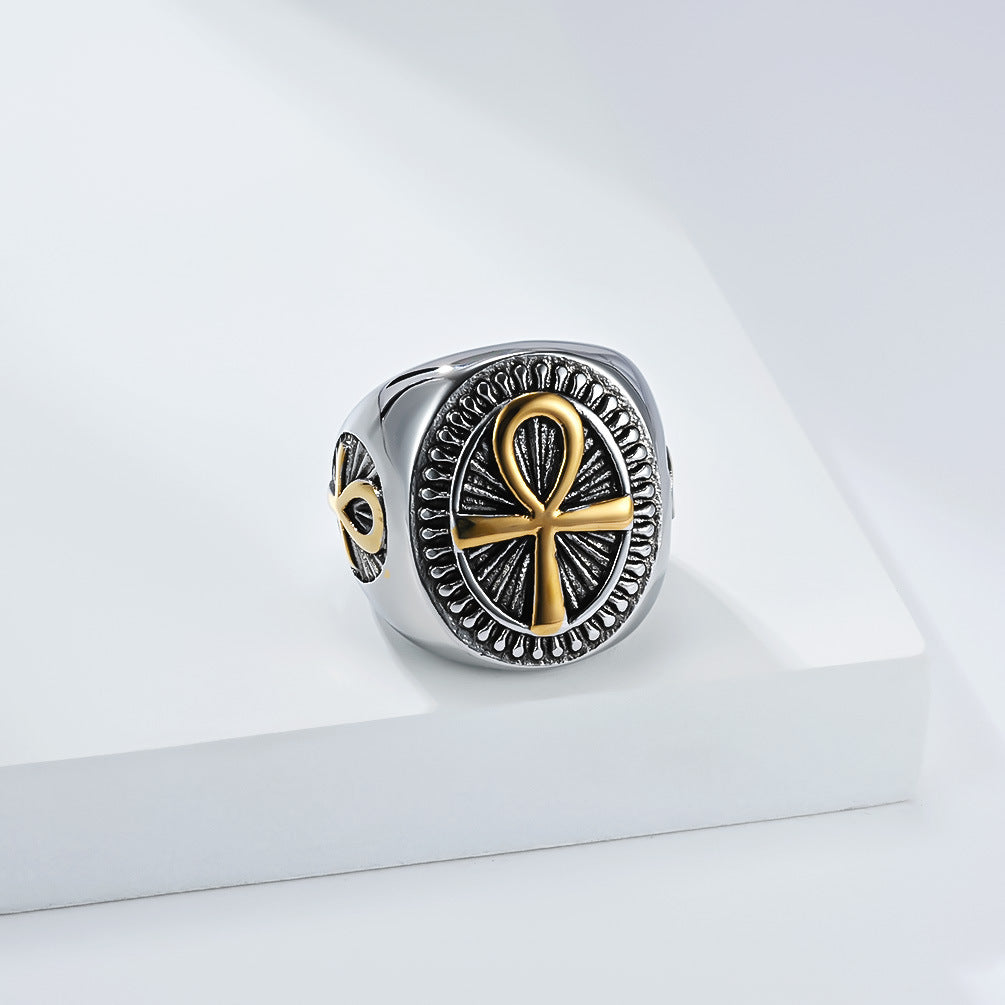 Planderful Men's Stainless Steel Geometric Ring Ankh Cross Retro Egypt Inspired Fashion Jewelry