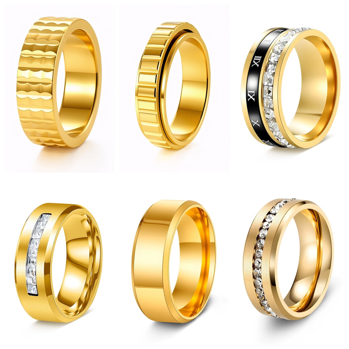 Stainless Steel Ring Set With Wavy Gear Pattern Inlaid Zircon Roman Numerals Unisex Planderful Everyday Genie
