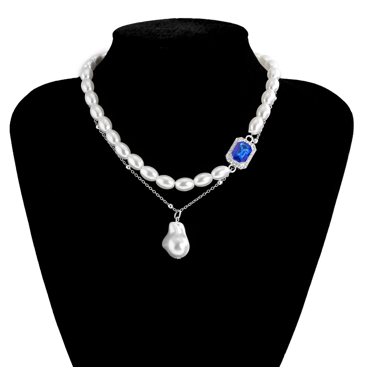 Planderful Imitation Pearl Necklace Blue Zircon European Court Style Asymmetric Design Statement Jewelry For Women