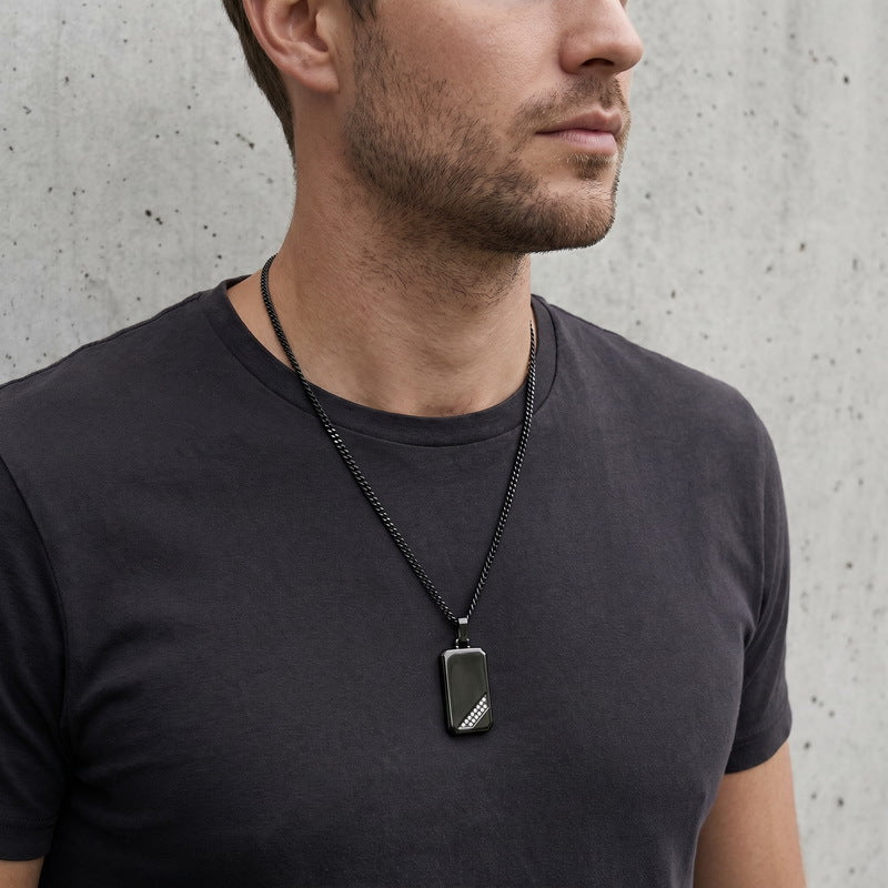 Hip-Hop Style Square Inlaid Double-Row Zircon Pendant Stainless Steel Smooth Military Brand Double-Sided Necklace