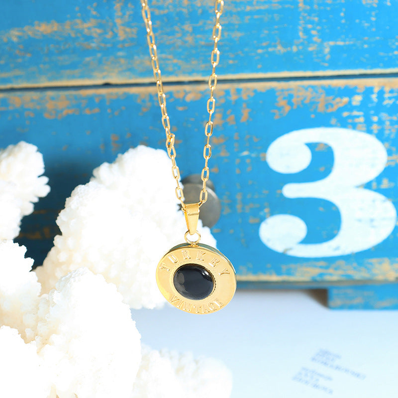 Exquisite White Shell Cat Eye Pendant Necklace with Round English Letter Label - Collarbone Jewelry Accessory