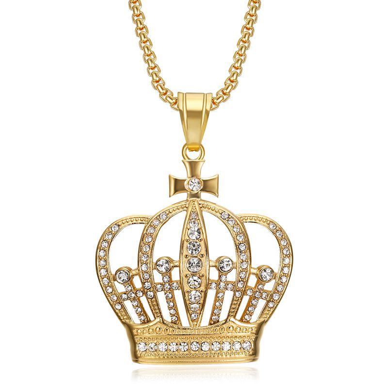 Planderful Crown Pendant Necklace Titanium Steel Gold Plated Zircon For Hip Hop Fans