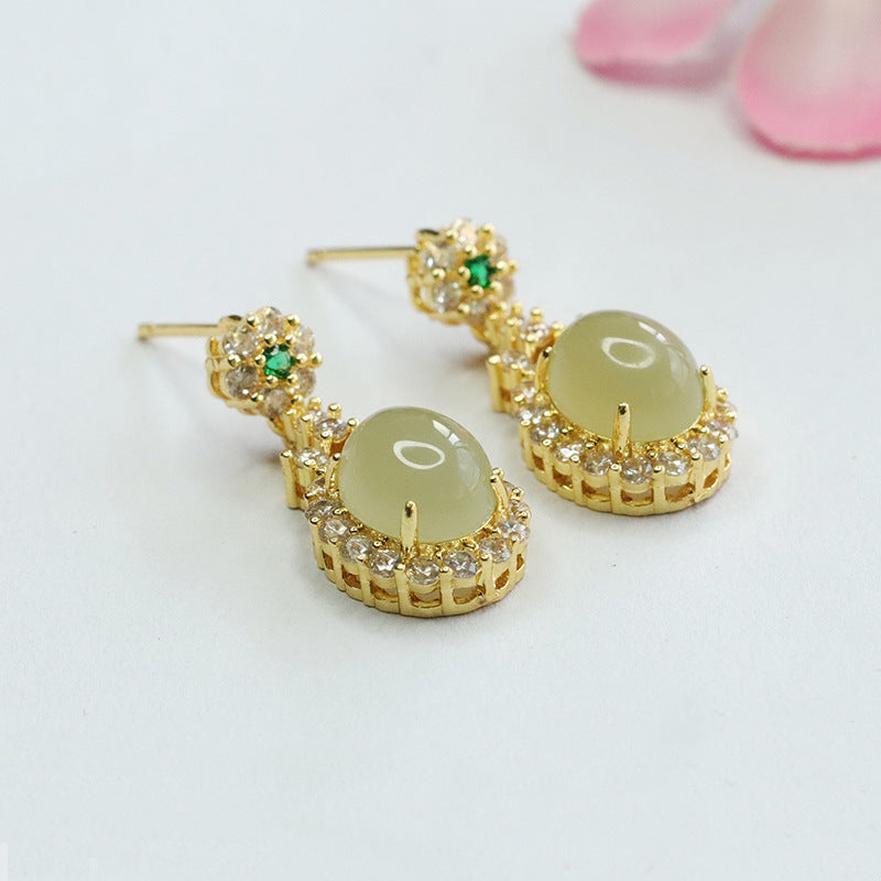 Natural Hotan Jade Earrings Oval Jade Zircon Earrings Jewelry