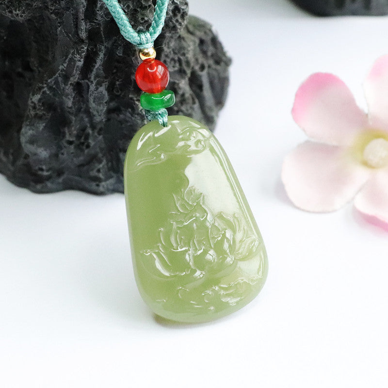 Lake Green Jade Lotus Necklace Crafted from Natural Hetian Jade