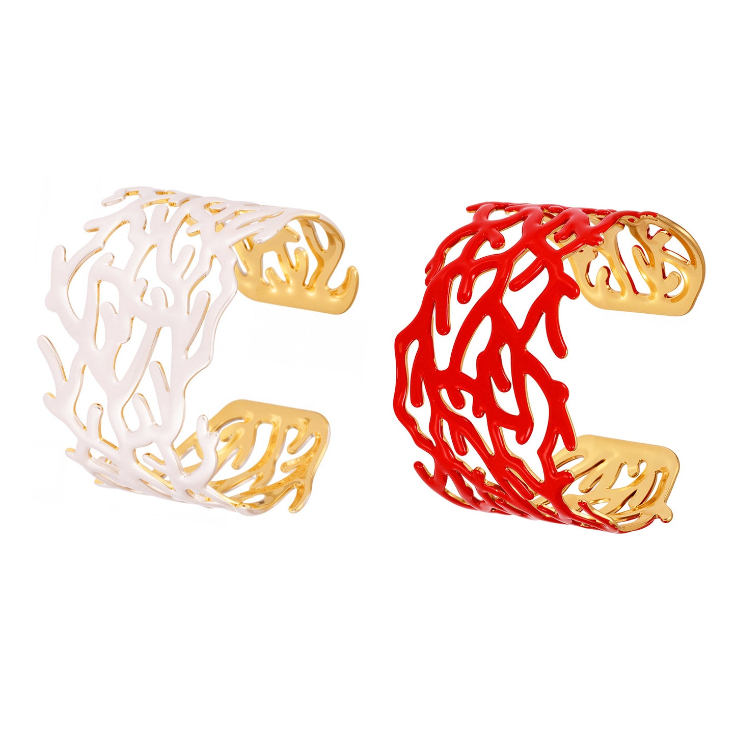 Planderful Bold Gold Plated Open Bracelet Coral Red Women