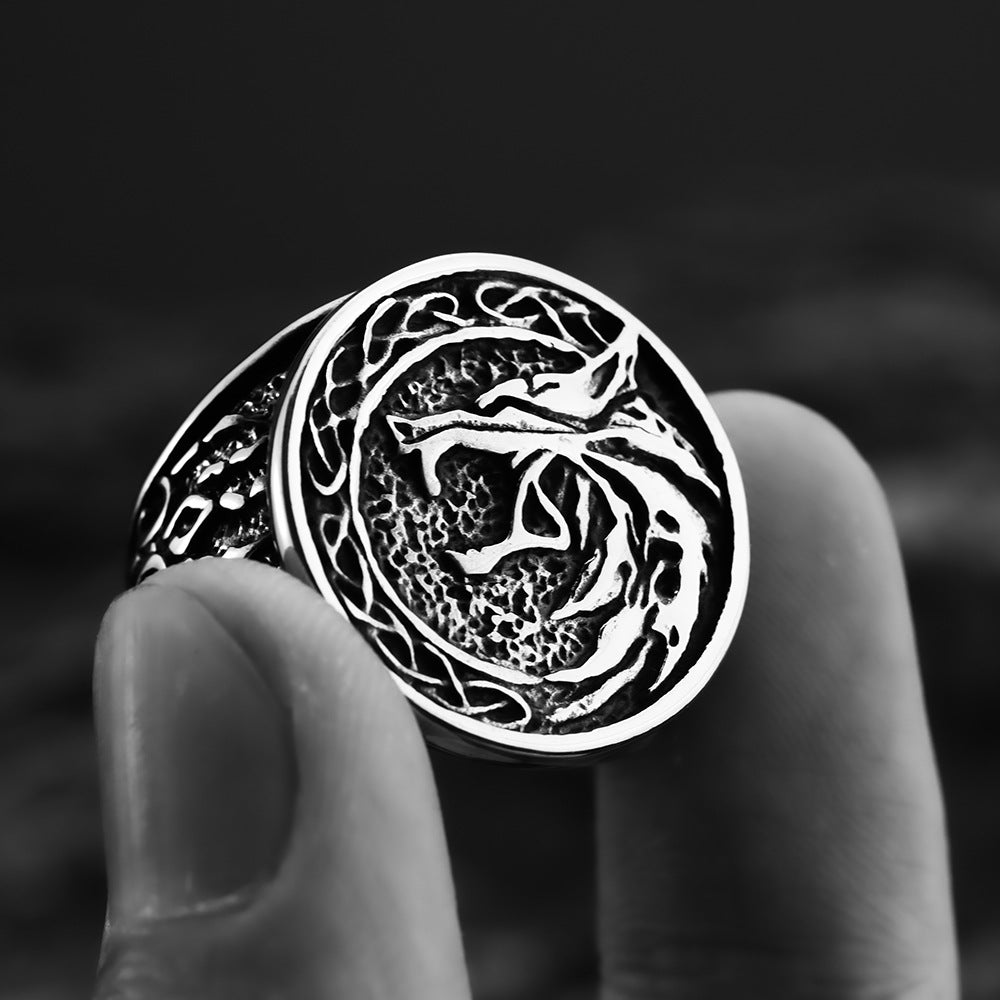 Nordic Vintage Stainless Steel Men's Ring Personalized Viking Pattern Wolf Head Ring