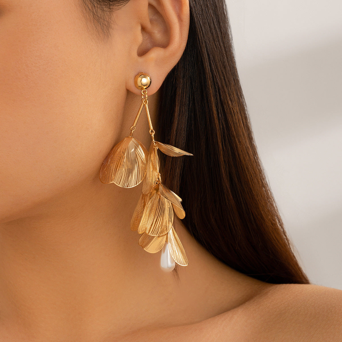 Ginkgo Leaf Stud Earrings By Planderful Vienna Verve Metal Textured Imitation Pearl Statement Earrings For Women