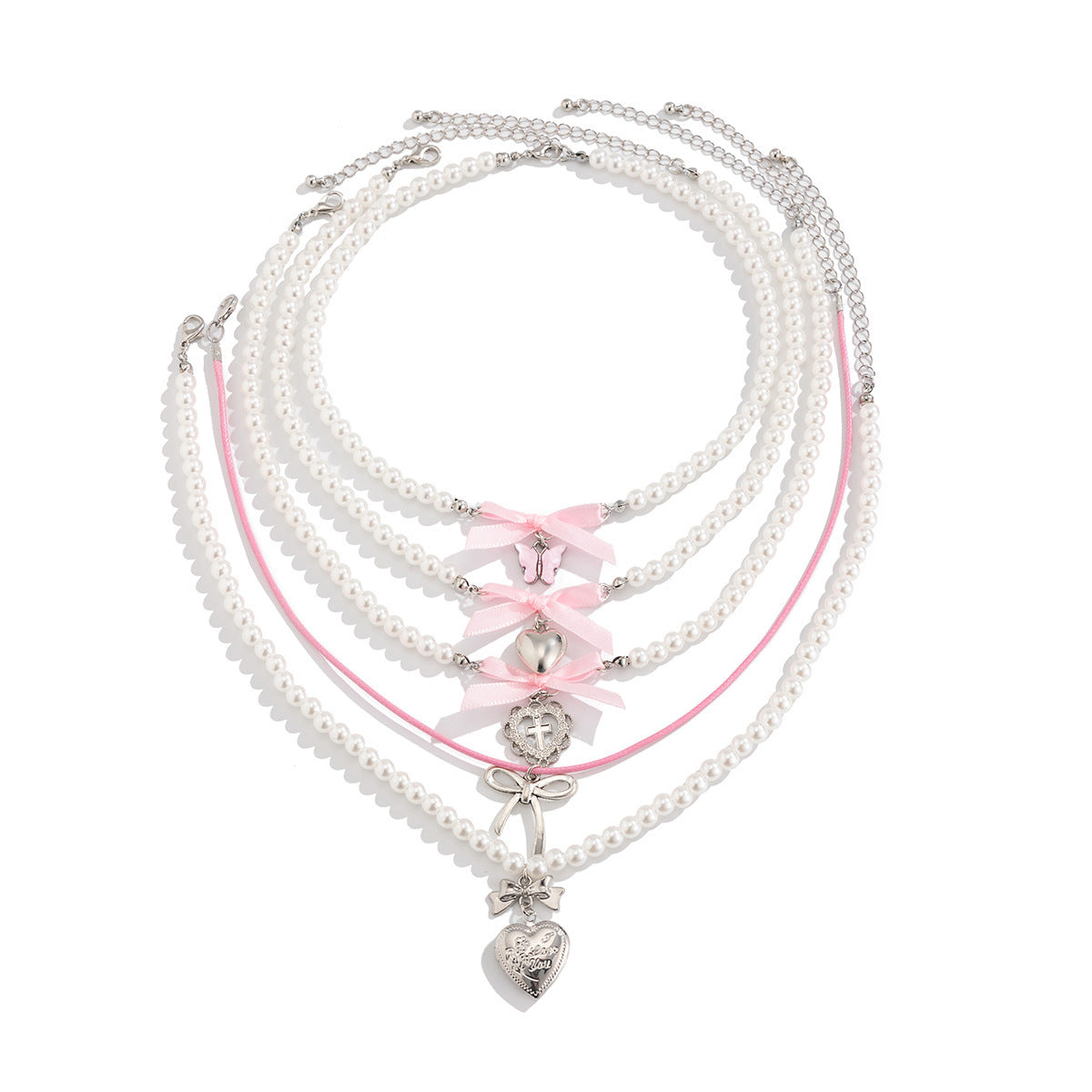 Butterfly Heart & Pearl-Style Layered Necklace