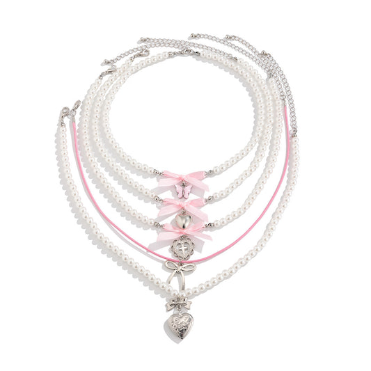 Butterfly Heart & Pearl-Style Layered Necklace