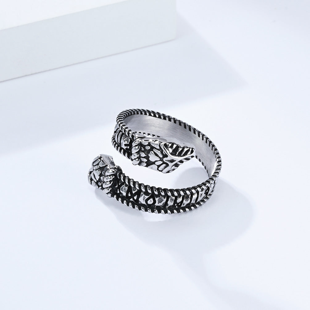 Planderful Viking Double Headed Snake Ring Durable Titanium Steel Retro Rune Unisex Hand Jewelry