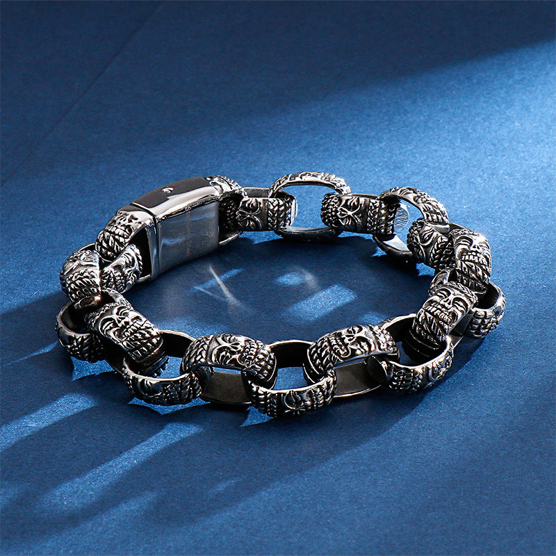 Antique Square Buddha Head Titanium Steel Men's Bracelet