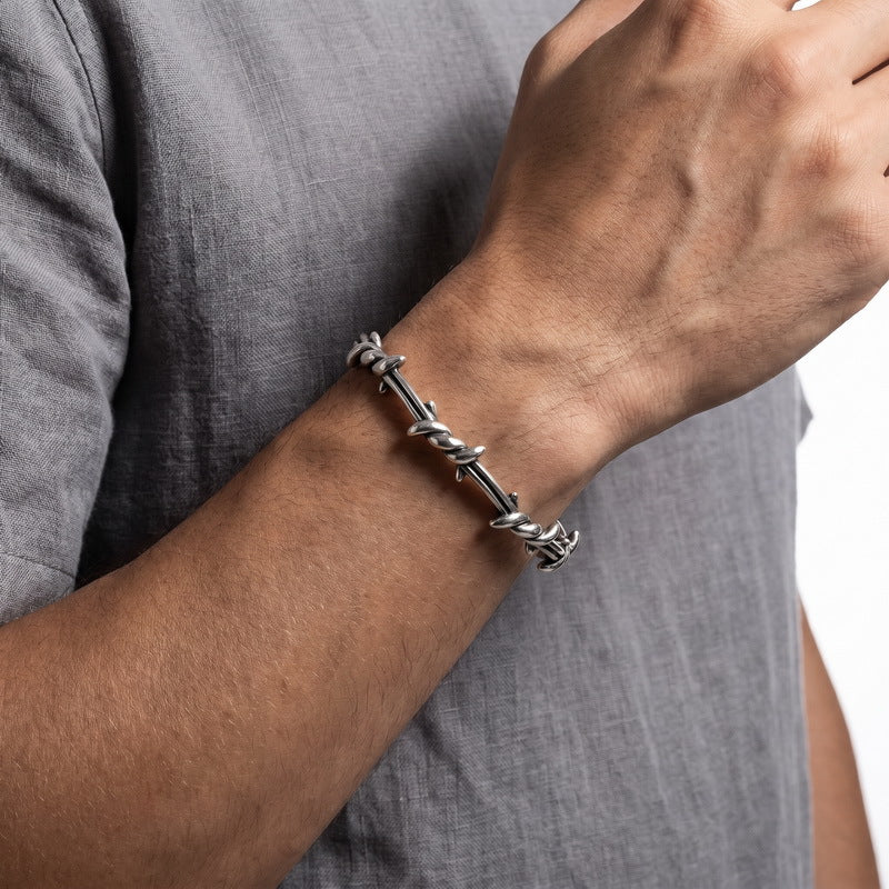 Punk Twist Twist Rope Open Bracelet Antique Stainless Steel Men's Thorn C-Shaped Bracelet