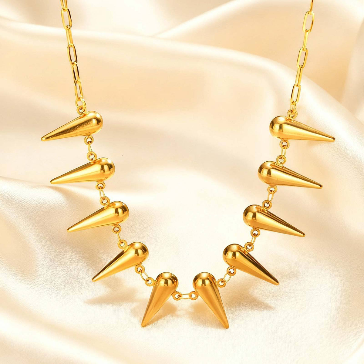 Stainless Steel Women's Hollow Water Drop Small Square Chain Cone Rivet Necklace Gold