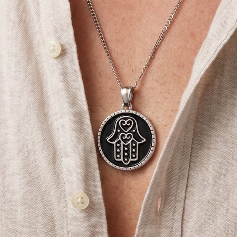 Retro Palm Round Brand Pendant Mysterious Style Nordic Old Triangular Knot Rune Stainless Necklace