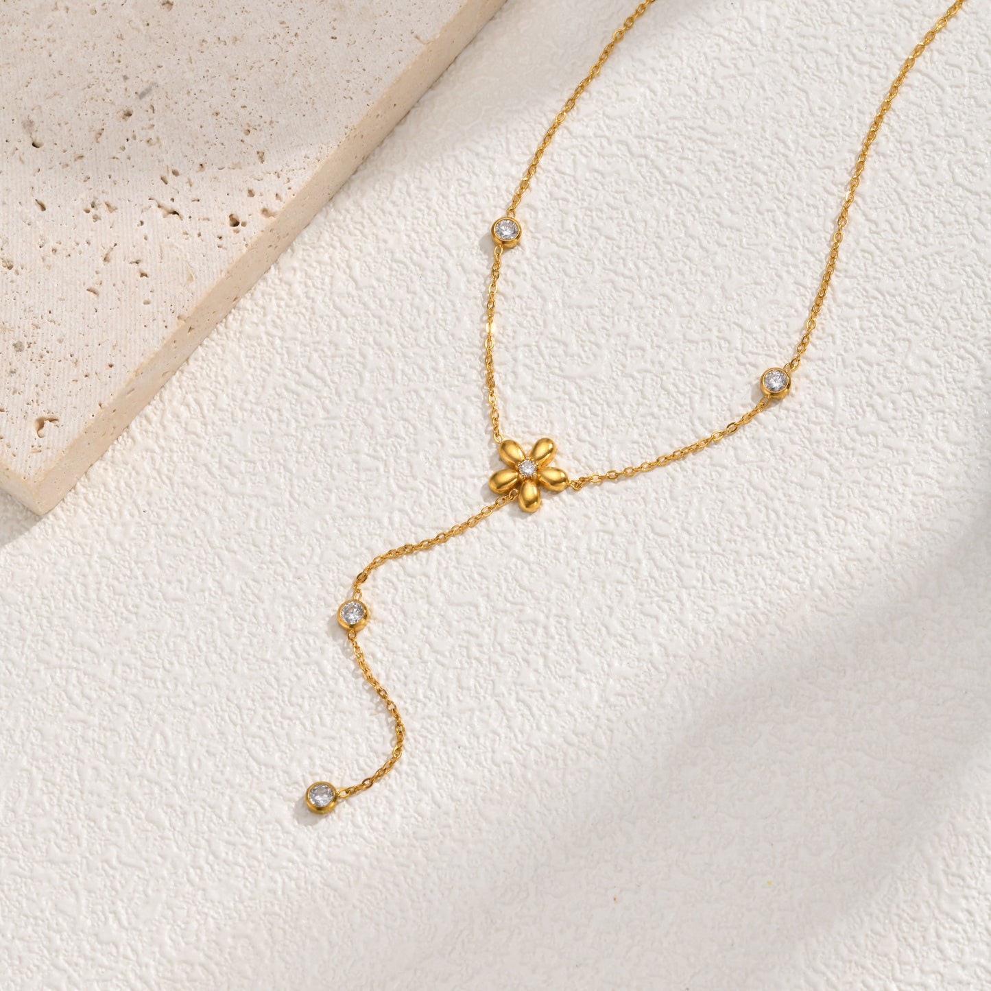 Stainless Steel Long Fringed Chain Necklace White Zircon Flower Y-Shaped Necklace
