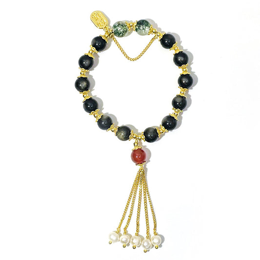 Elegant Chinese Style Sterling Silver Crystal Obsidian Beaded Bracelet with Tassel Pearl