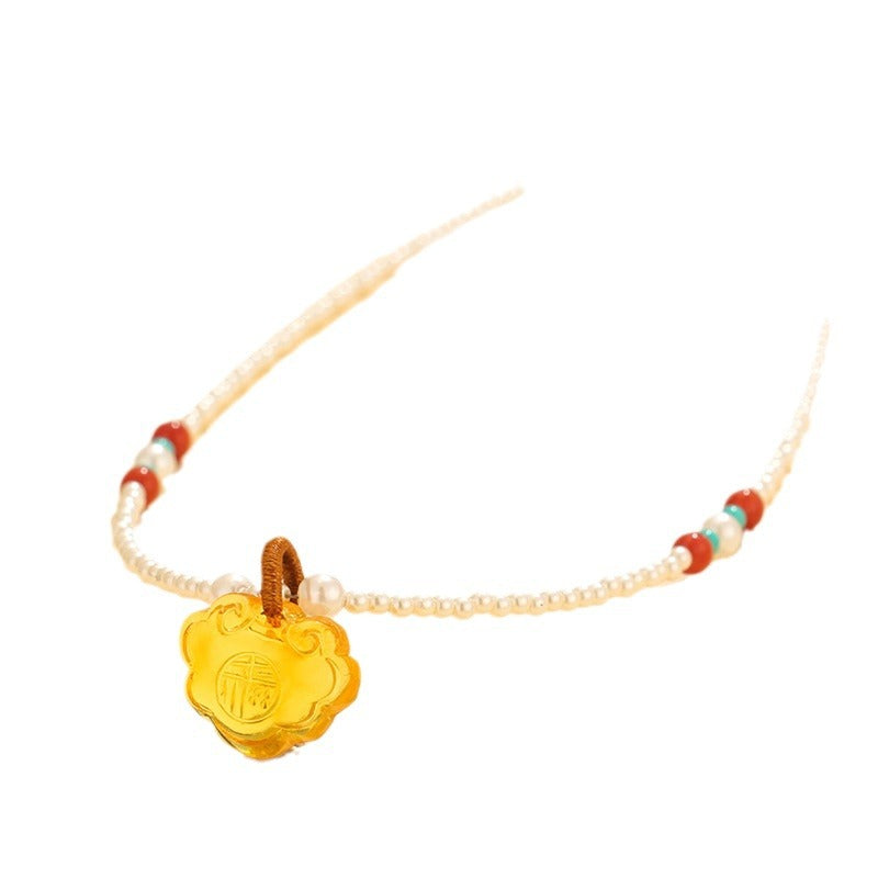 Pearl Amber & Red Agate Pendant Necklace