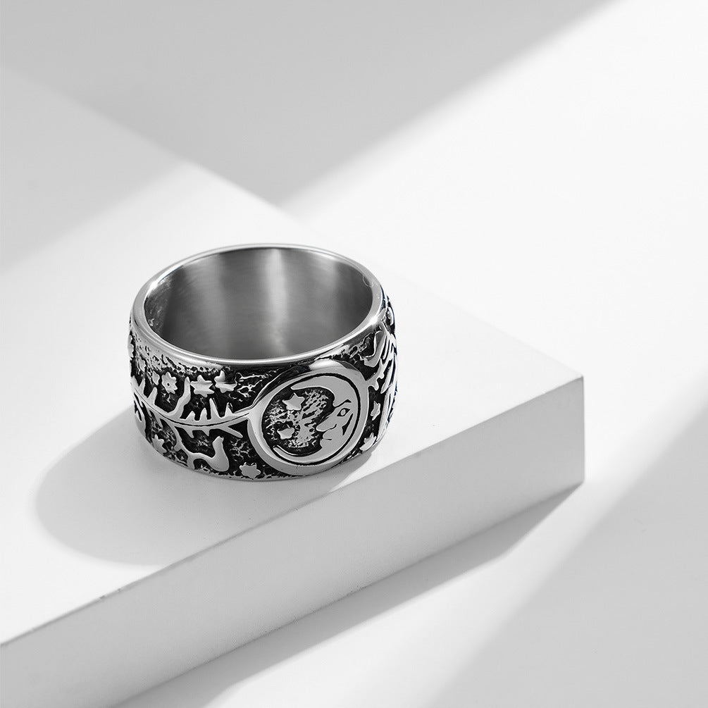 Planderful Titanium Steel Ring Retro Punk Sun Moon Design Mens Fashion Jewelry Bold Statement