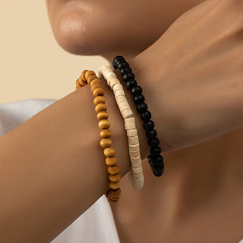 Boho Chic Wooden Bead Bracelet Set with Customizable Elastic, Minimalist and Stylish Arm Candy Trio for Niche Market