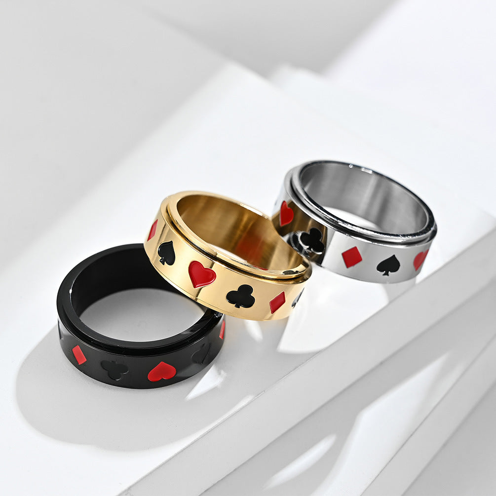 Planderful Spinner Ring Titanium Steel Rotatable Playing Card Spades Hearts Plum Blossom For Card Lovers Size 7 To 12