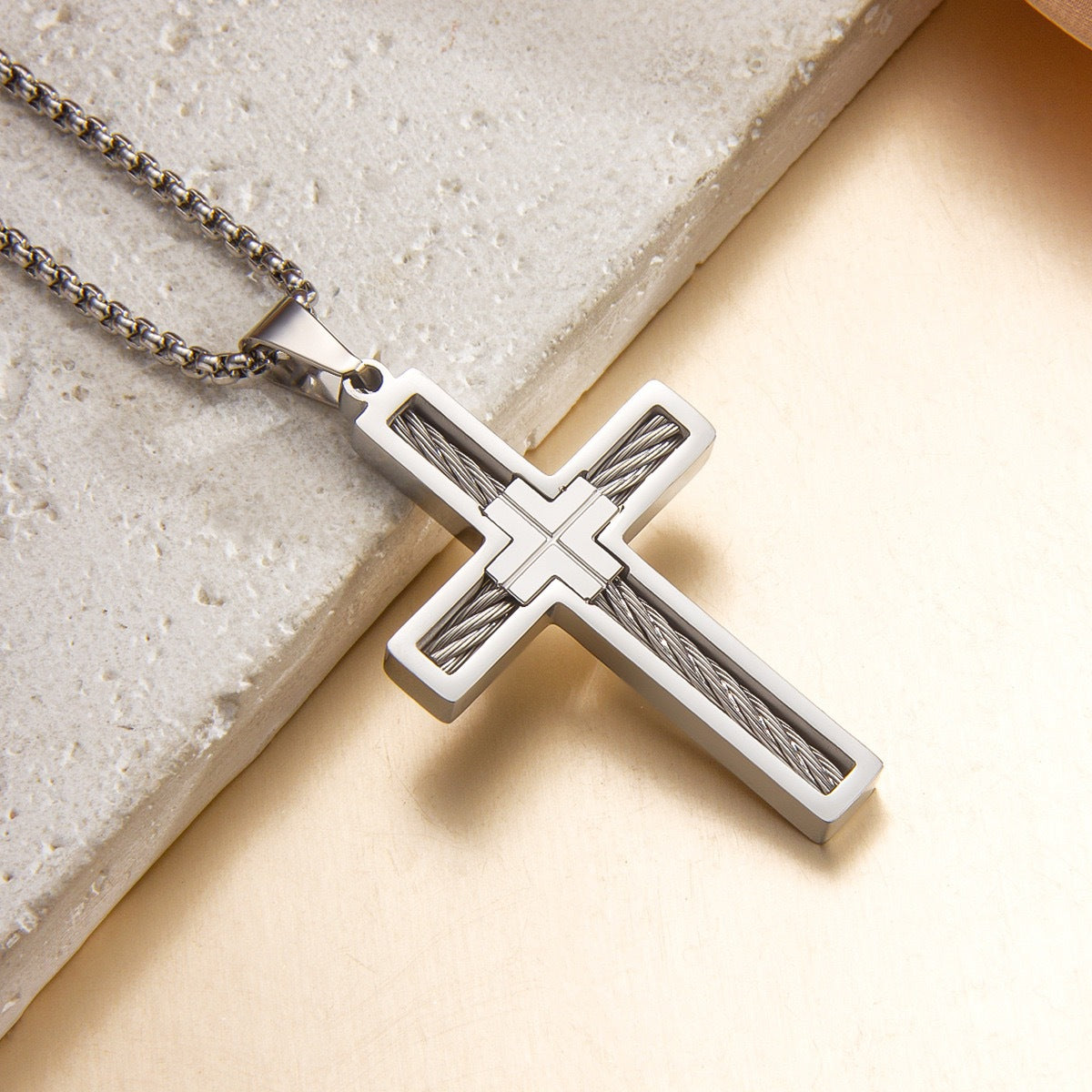 Trend cross titanium steel necklace steel wire punk versatile pendant European and American simple fashion men's pendant