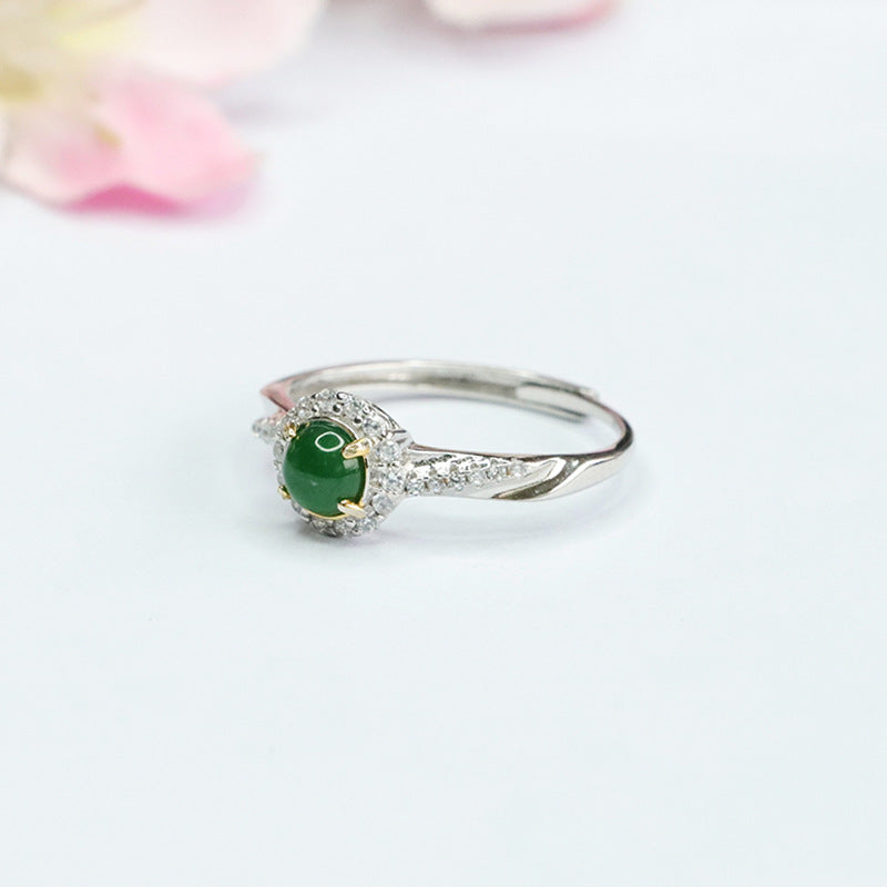 Emperor Green Jade Sterling Silver Zircon Ring With Adjustable Opening