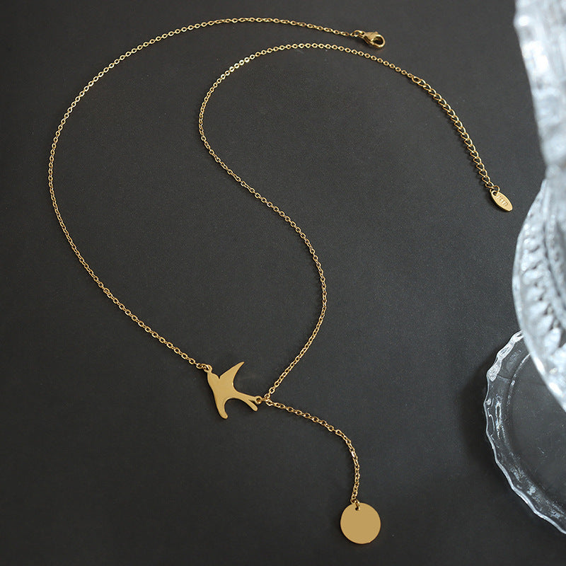 Korean Swallow Tassel Round Pendant Necklace - Adjustable Titanium Gold-Plated Clavicle Jewelry