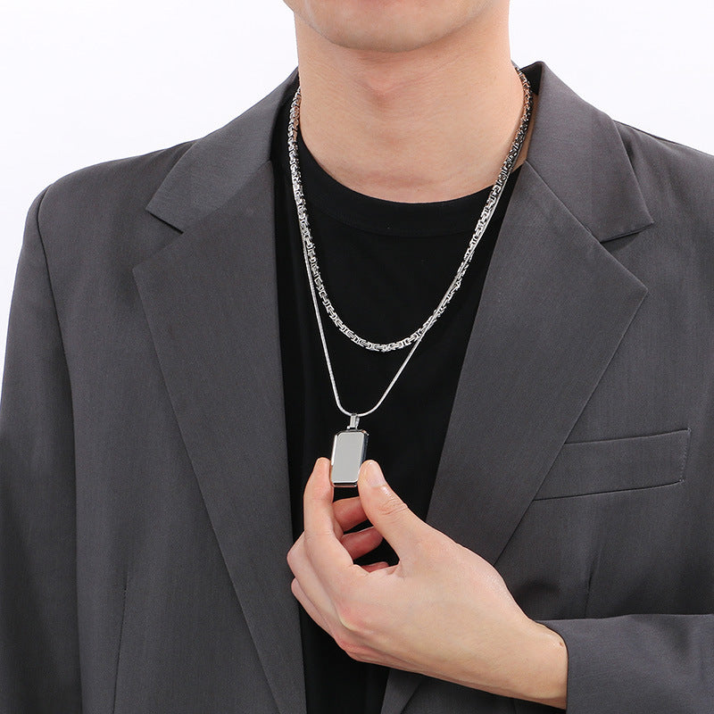 Trendy Emperor Chain Square Titanium Steel Necklace Men's Double-Layer Stacked Stainless Steel Military