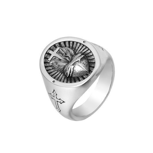 Cross Heart Oval Titanium Steel Ring for Men