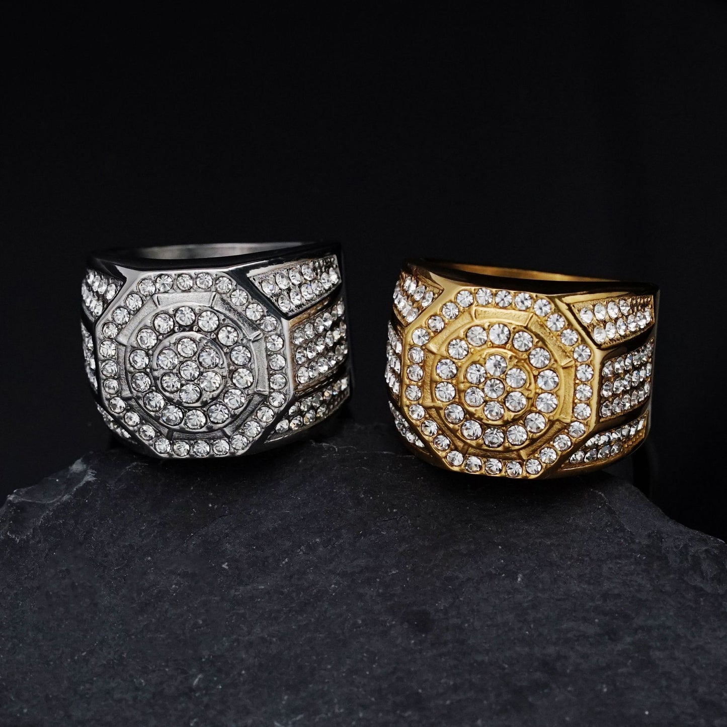 Planderful Stainless Steel Octagon Ring With Zircon Stones Hip Hop Luxury Bold Unisex Statement For Men And Women