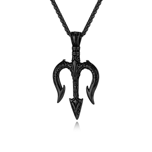 Steel Necklace - Vintage Trident Pendant For Men Everyday Hip Hop Jewelry By Planderful