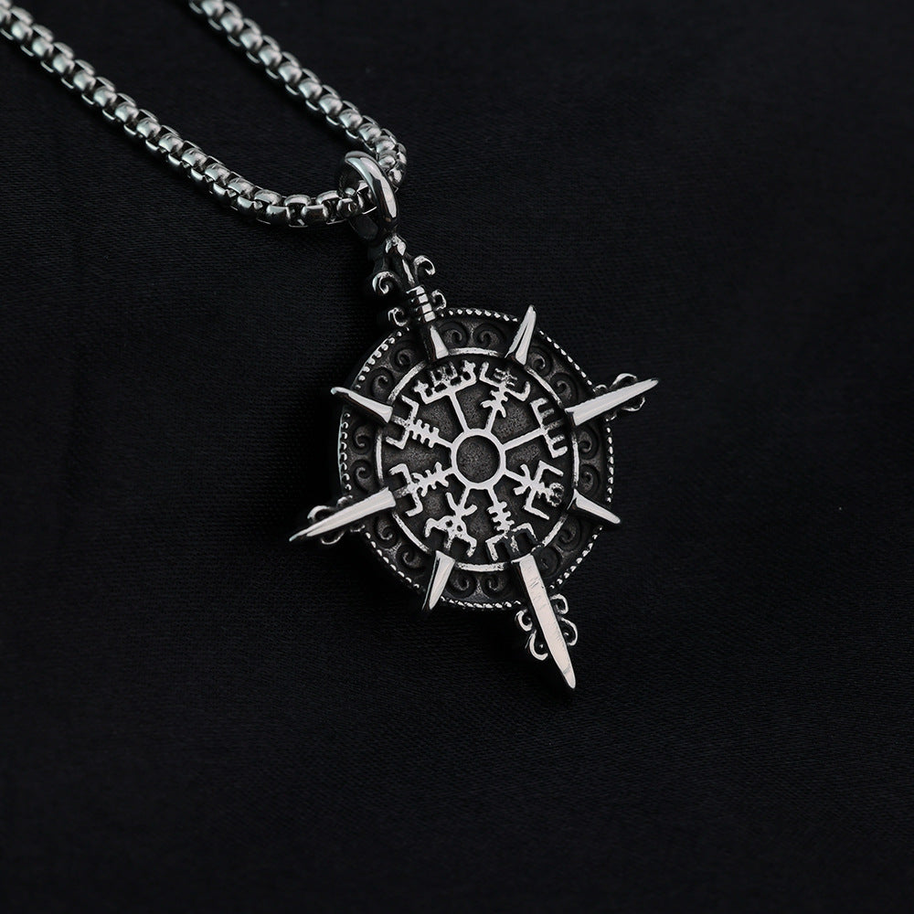 Vintage Nordic Men's Stainless Steel Viking Compass Pendant