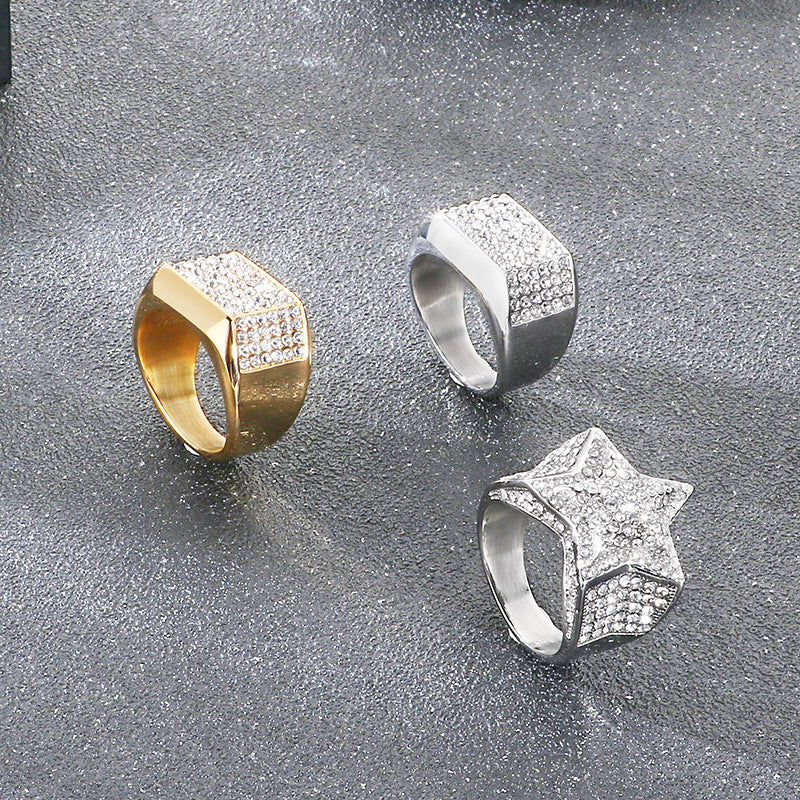 Hip-Hop Nightclub Wide Square Inlaid With Zircon Wrench Finger, Cool Zircon Pentagram Titanium Ring