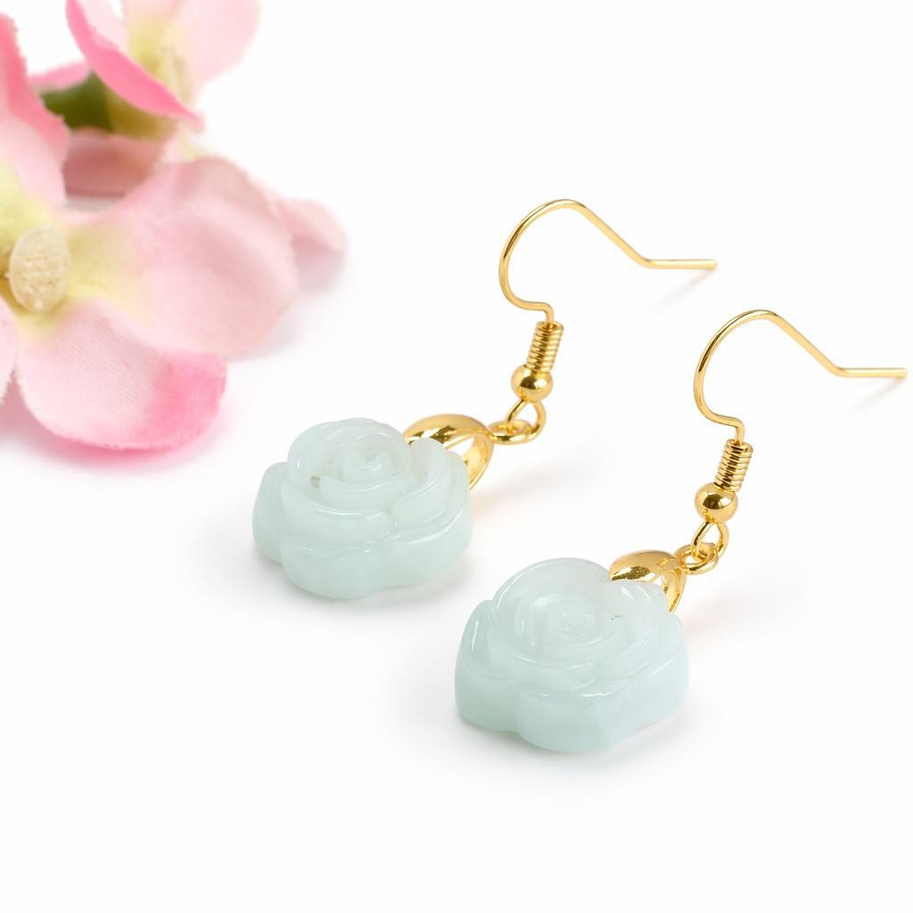 Jadeite Rose Flower Hook Earrings