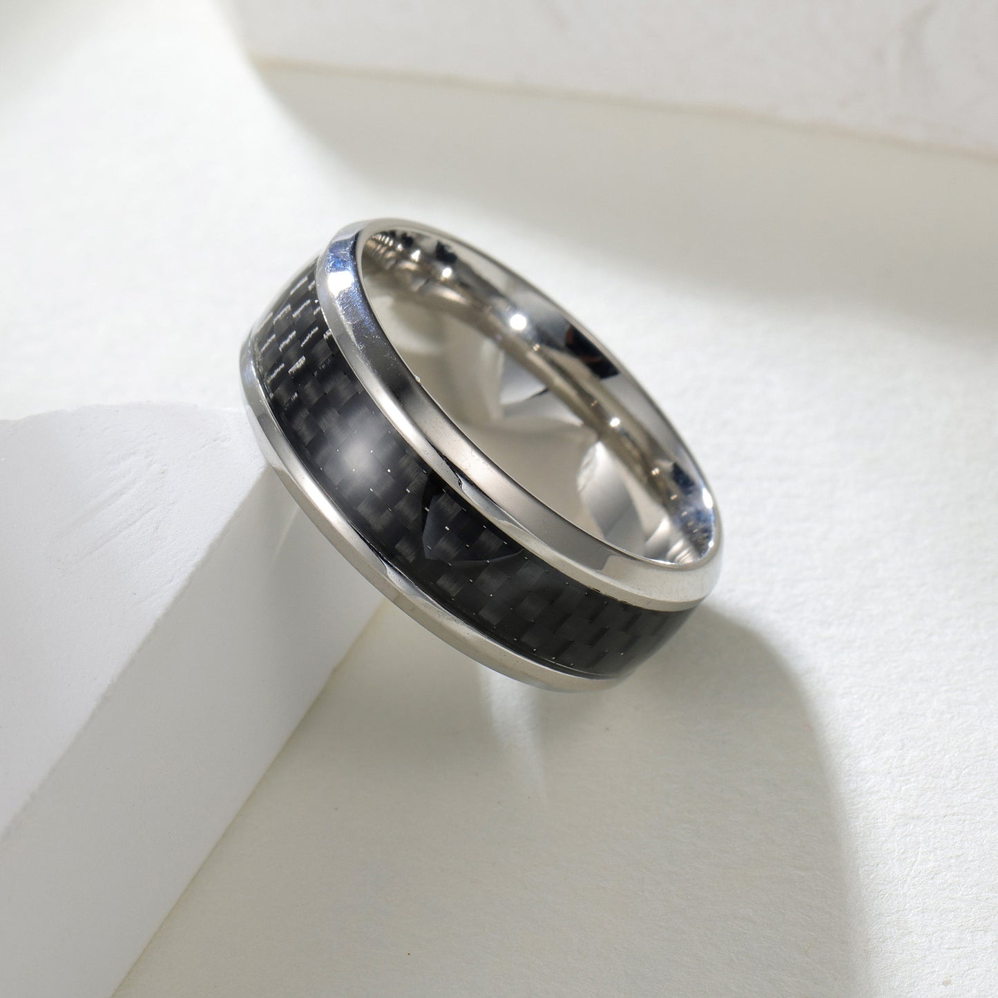 Planderful Everyday Genie Titanium Steel Ring For Men Unisex 8mm Blue Carbon Fiber Inverted Edge