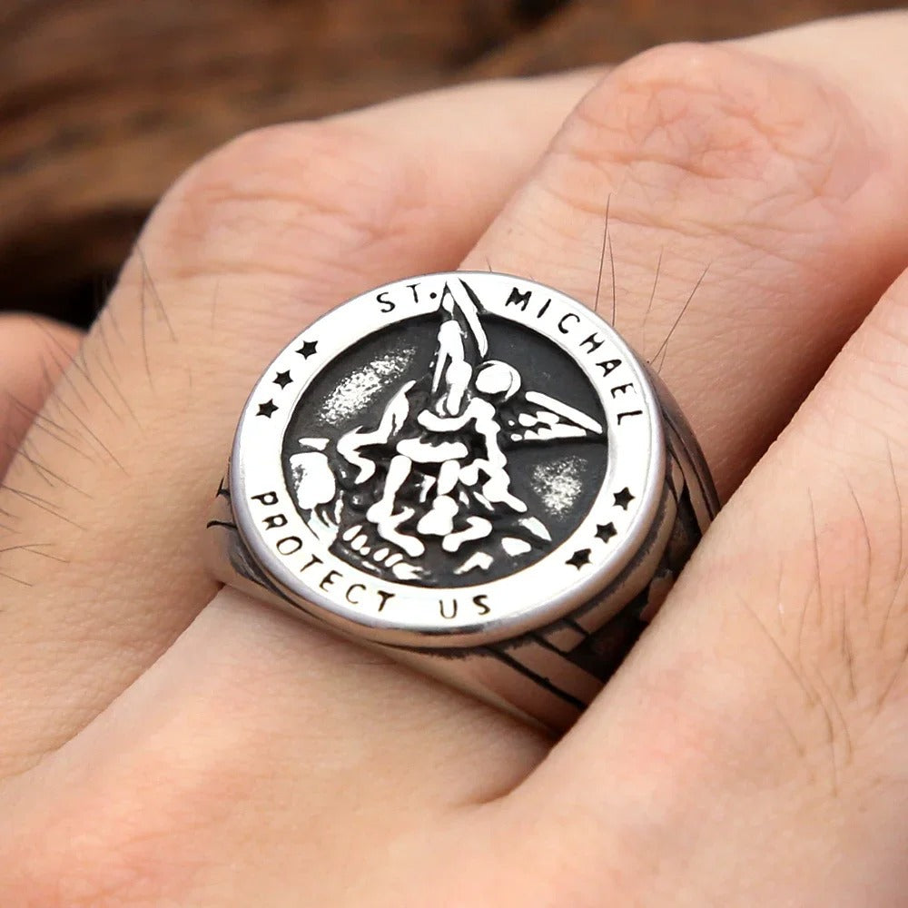 Planderful Archangel Michael Titanium Steel Ring With Angel Wings Cross For Men Mythic God Of War Design