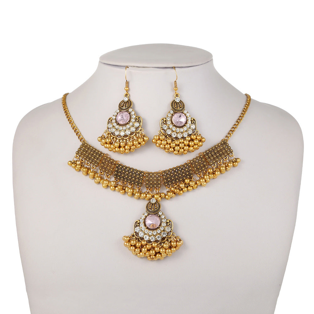 Tassel Gem Pearl Necklace and Earrings Set - Savanna Rhythms