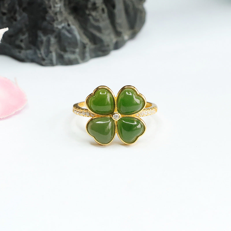 925 Sterling Silver Hetian Jasper Clover Ring