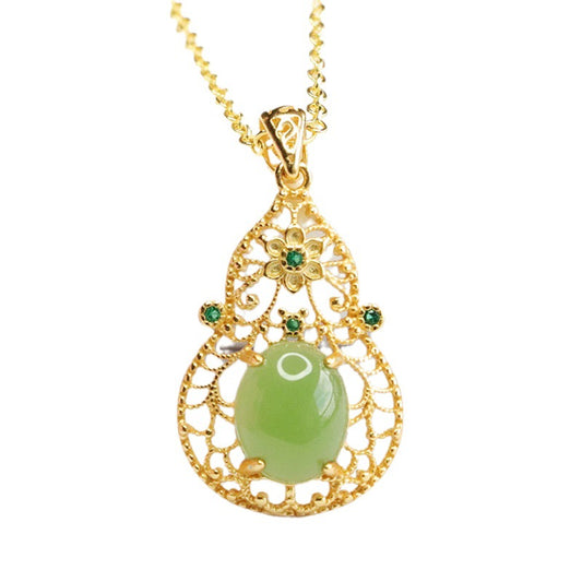 Sterling Silver Jade Pendant Necklace with Hollow Gourd Design