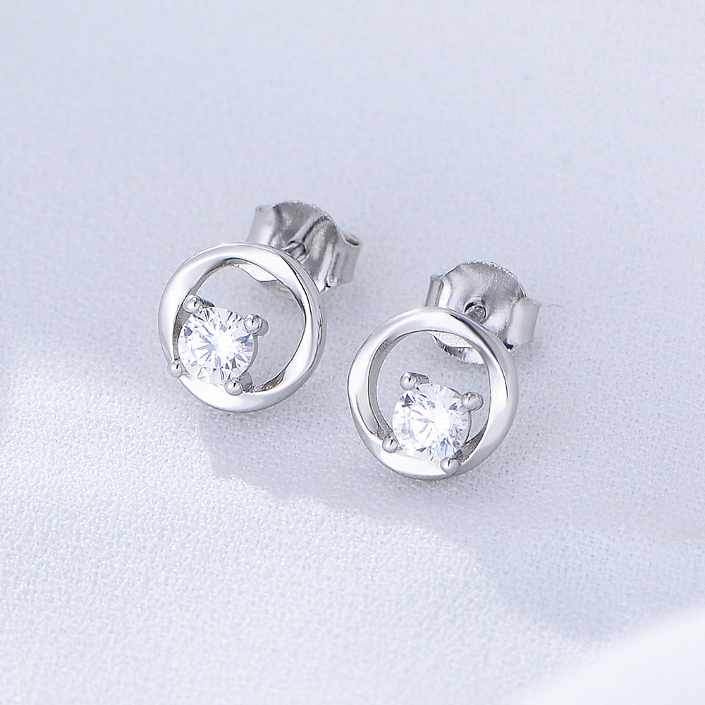 S925 Sterling Silver Geometric Round Hollow Zircon Earrings Femininity High-End Stud Earrings