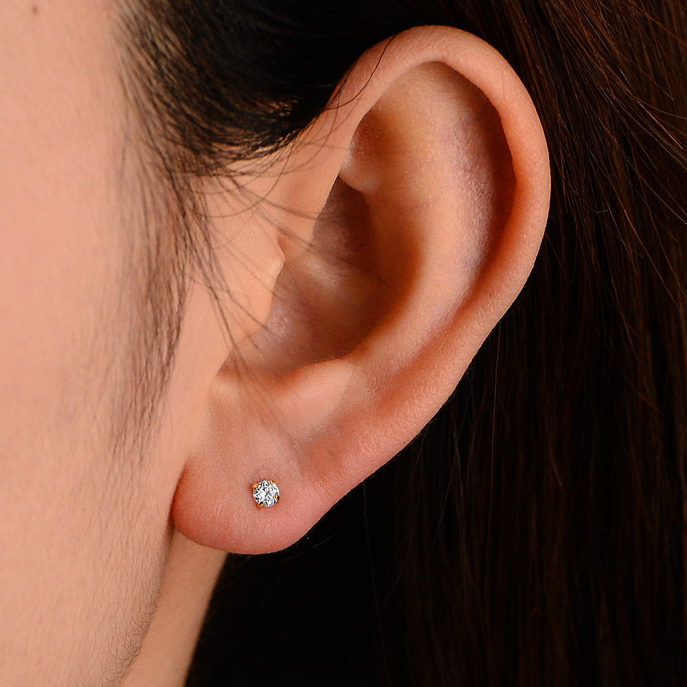 925 Sterling Silver Four-Claw 3mm Zircon Mini Small Stud Earrings, And Round Ear